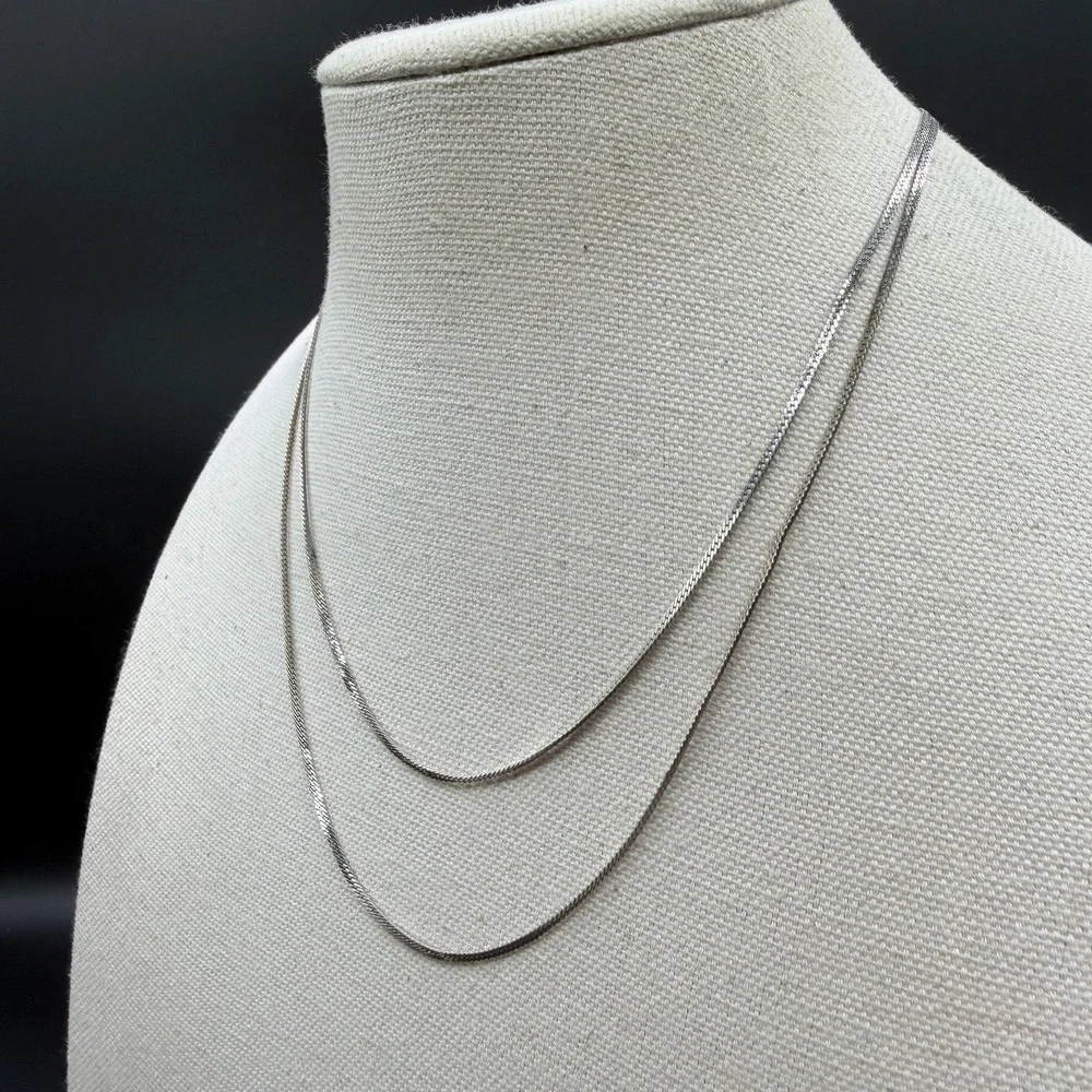 Silver Tone Double Strand Herringbone Chain Necklace Layered Minimalist Jewelry